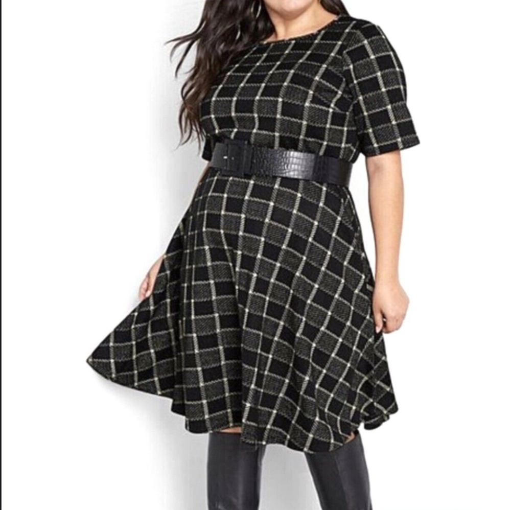 Modcloth Black & Gold Flare Midi Dress Check, Plaid, Sz. 1X No Belt Included